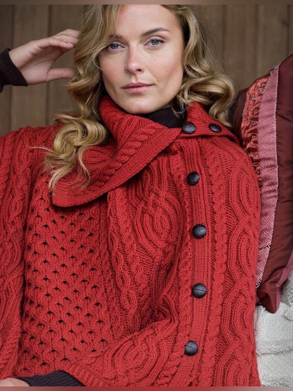 Aran Crafts Cowl Neck Button Poncho Merino Wool Red Marl M/L NWT
